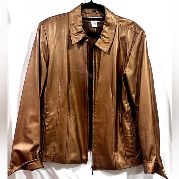 Coldwater Creek metallic leather bronze gold full zip jacket with pockets - Picture 2 of 9
